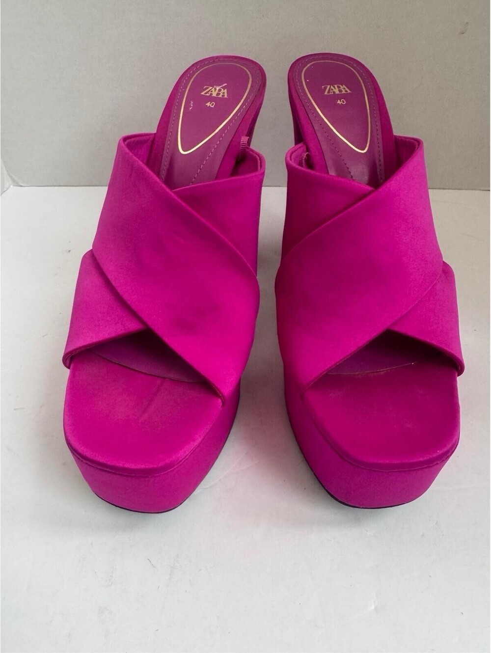 Zara Fuchsia Pink Satin Platform Mule Heels – Statement High‑Heel Mules|Size 40